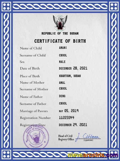 Sudan vital record birth certificate